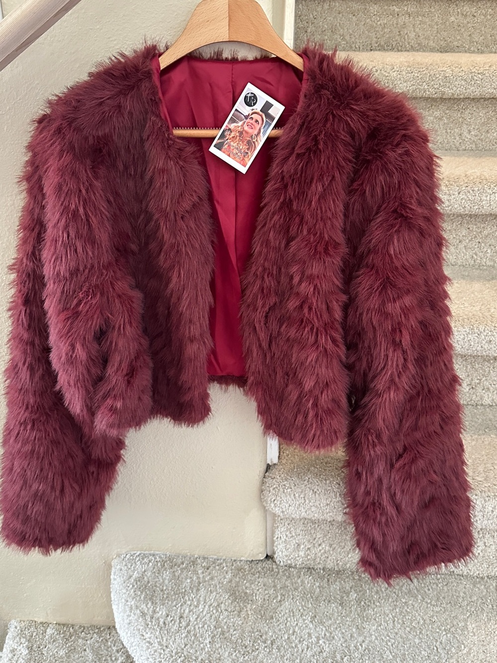 Women's Faux Fur Cropped Coat in Wine - Unbranded